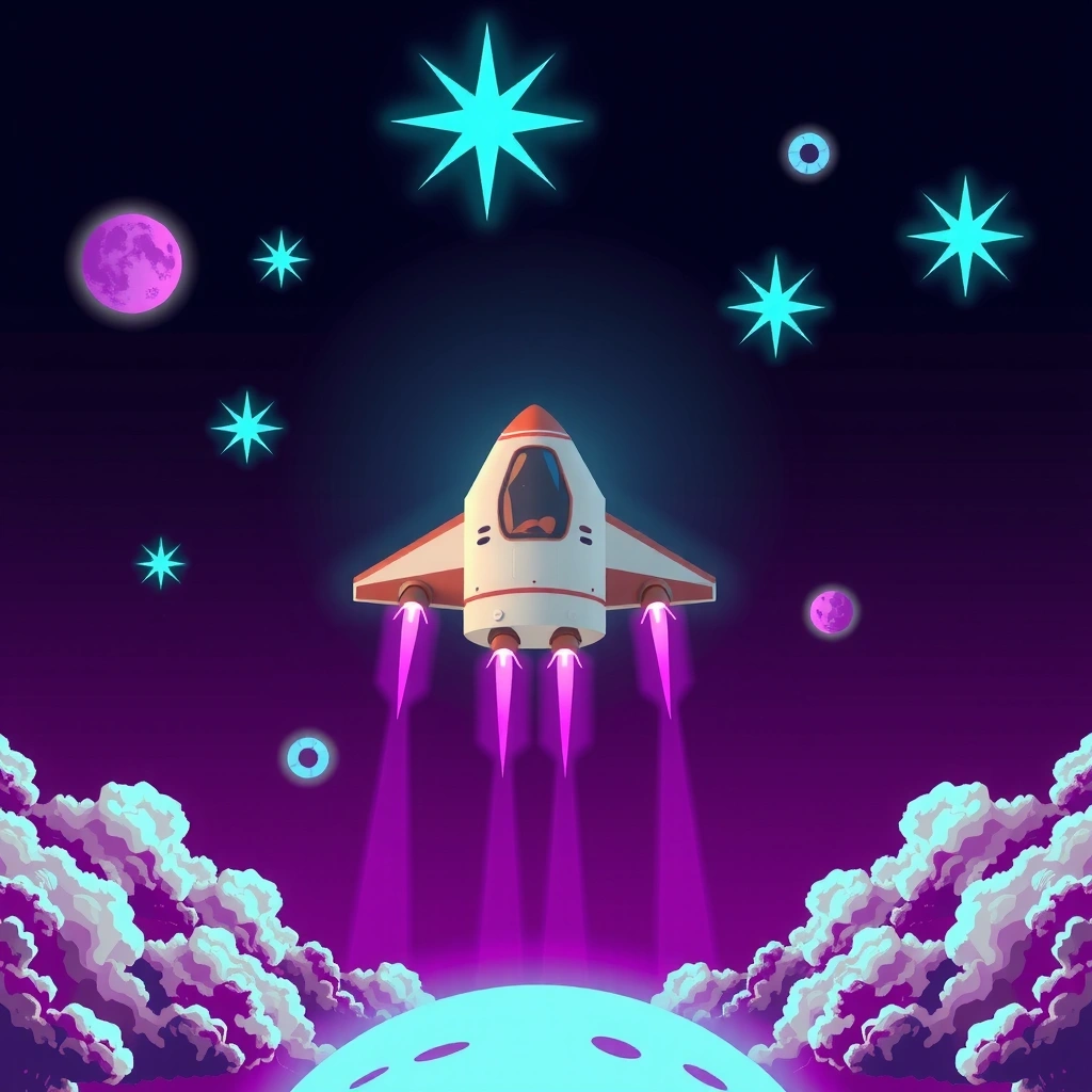 Nave espacial pixelada volando sobre un paisaje estrellado neón