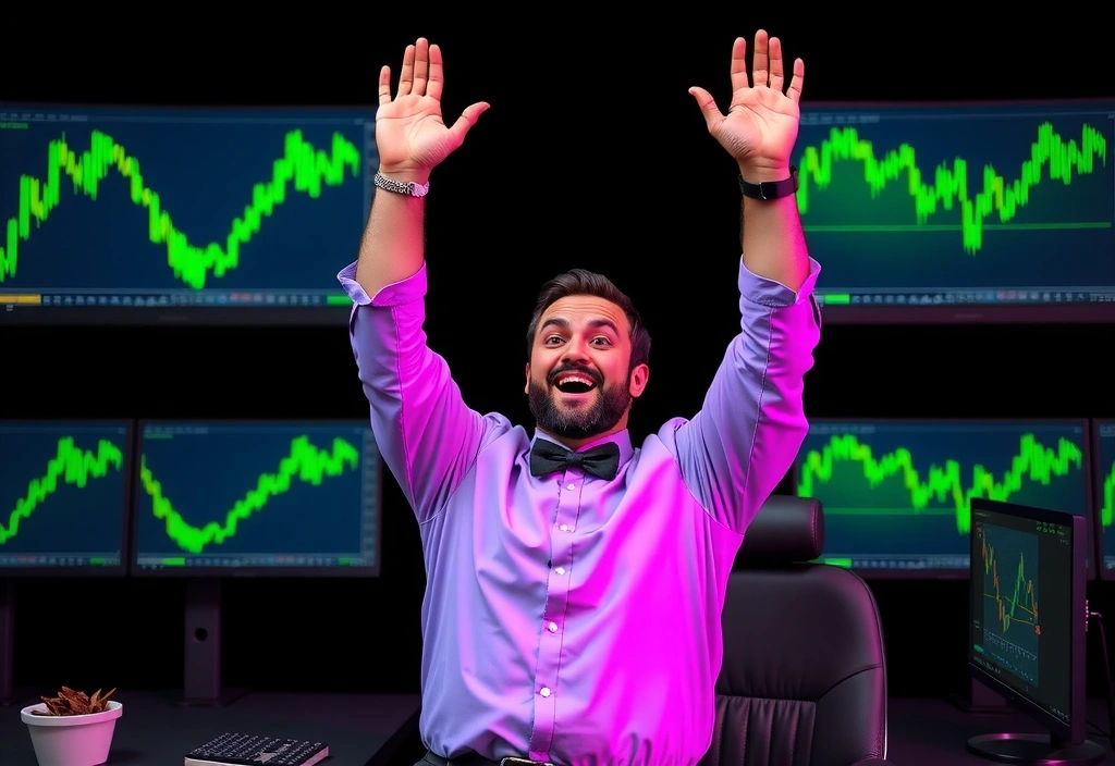 Trader exitoso celebrando ganancias en su pantalla